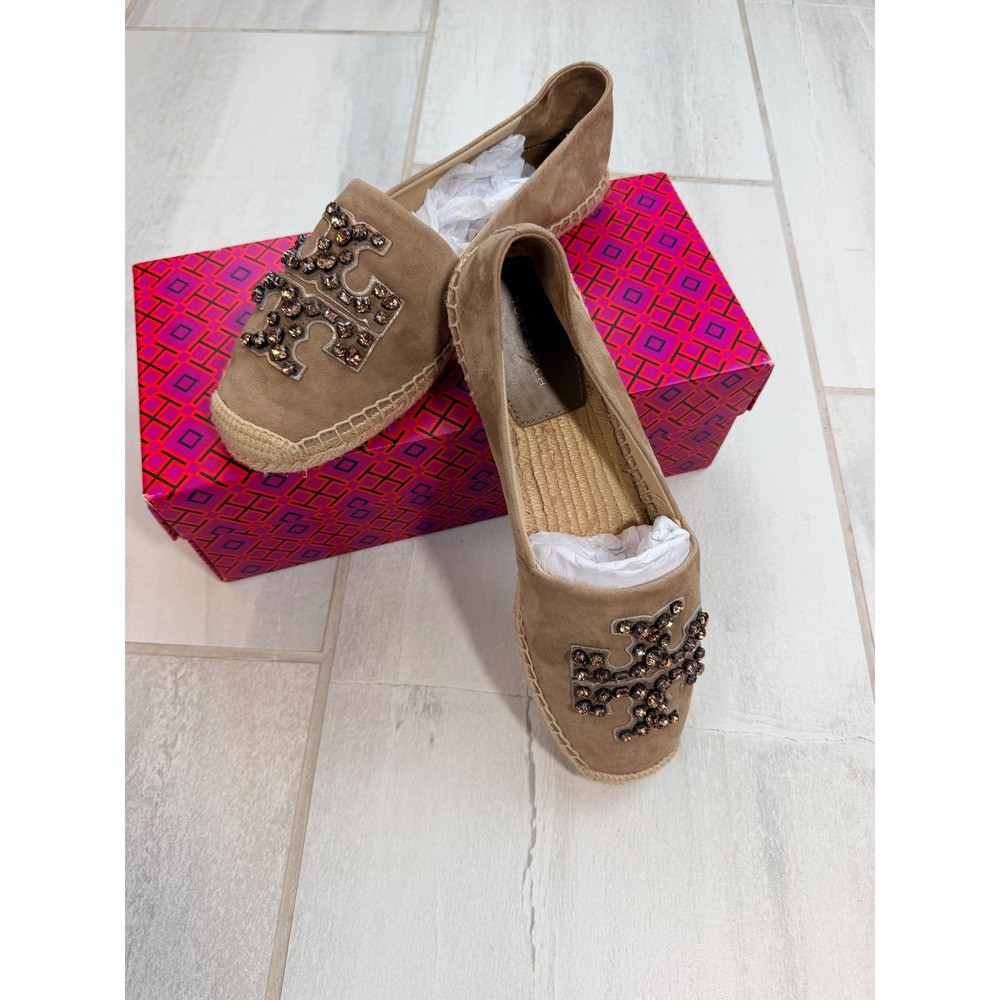 Tory Burch Embellished Suede Espadrille Almond Flour Smoked Topaz 89503 Size 9